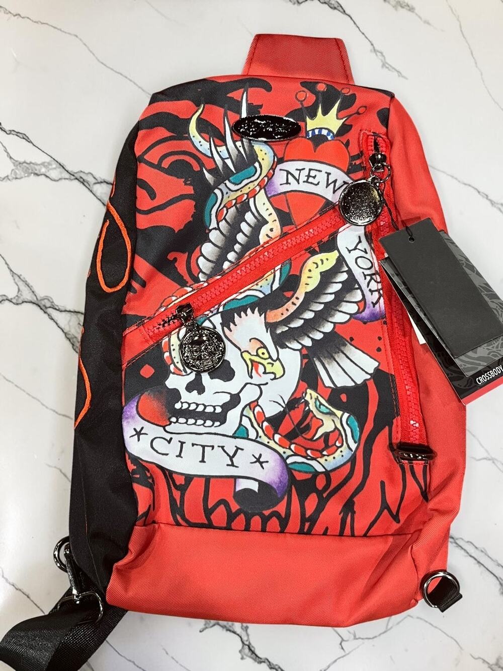Ed Hardy Red Black Tattoo Skull Eagle Sling Crossbody Backpack Bag NWT